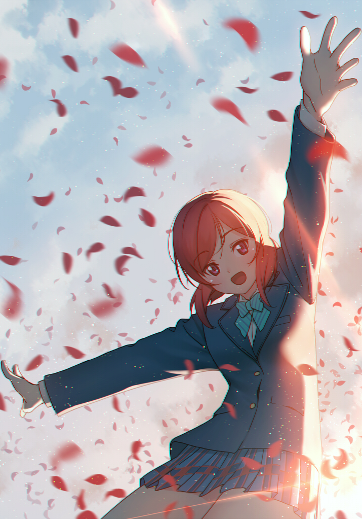 1girl, arm_up, bangs, blazer, blowing_leaves, blue_bow, blue_jacket, blue_neckwear