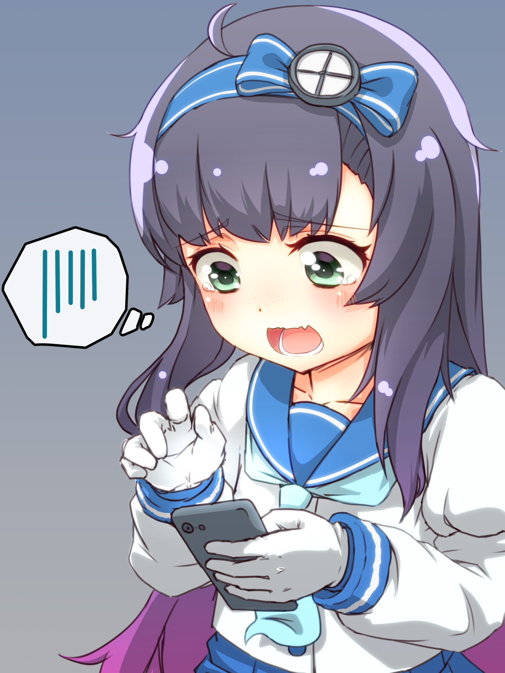 1girl, black_hair, blue_hairband, blue_neckwear, cellphone, gloves, gradient_hair, green_eyes