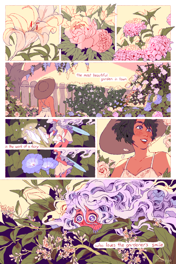 2girls, black_hair, blush, comic, commentary, english, fairy, flower