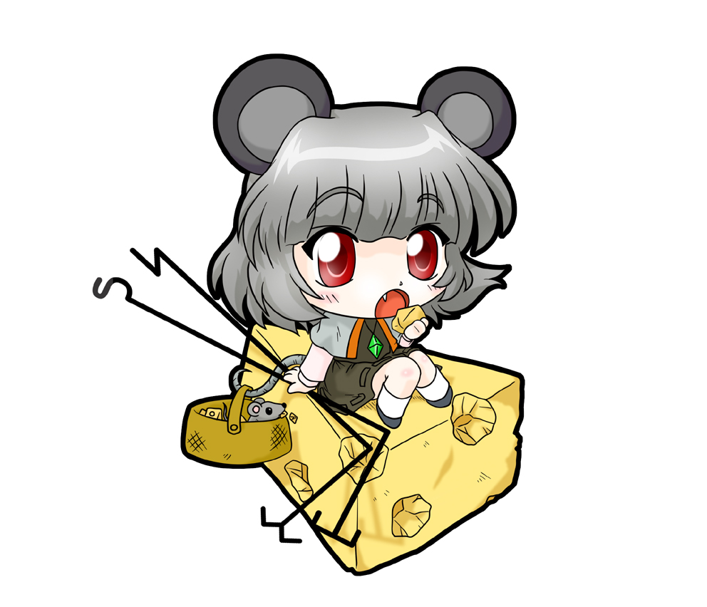 basket, cheese, chibi, fang, getter03, grey_hair, mouse, mouse_ears