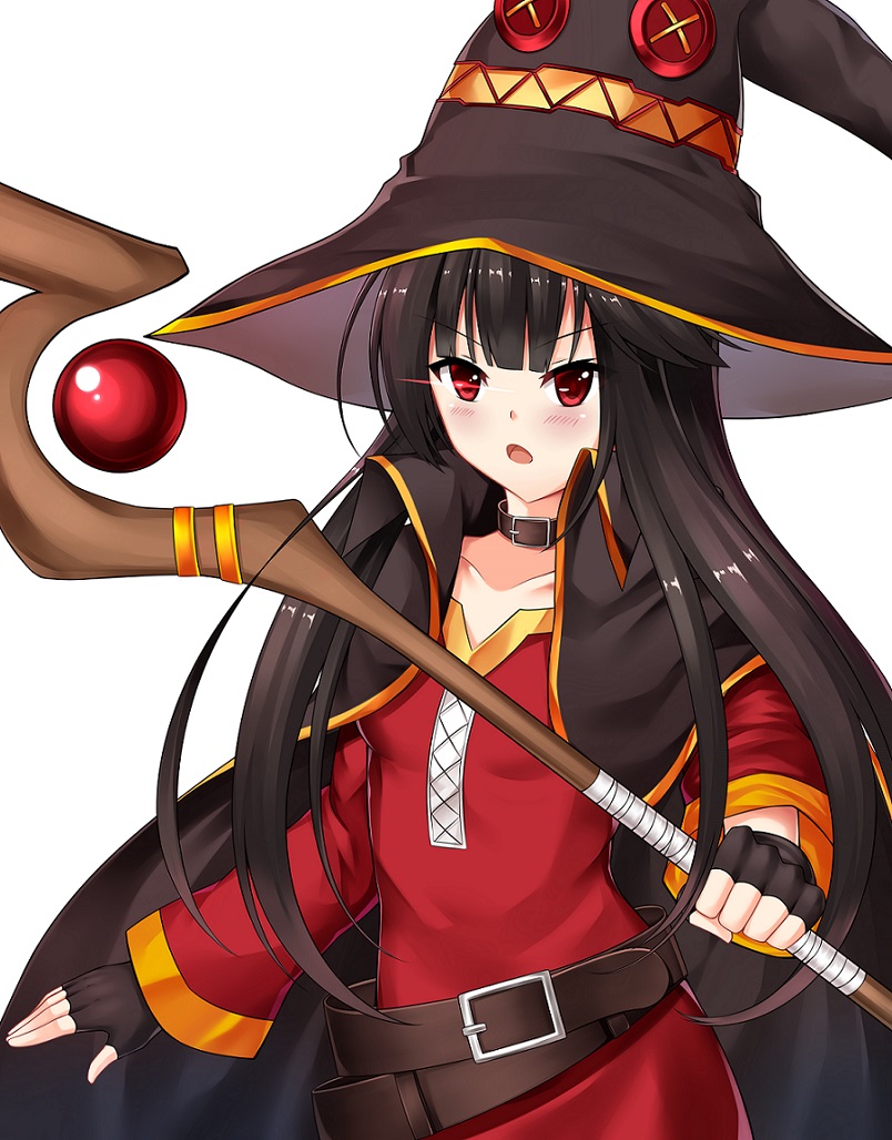 1girl, belt, black_hair, blush, cape, cosplay, demon_archer, dress
