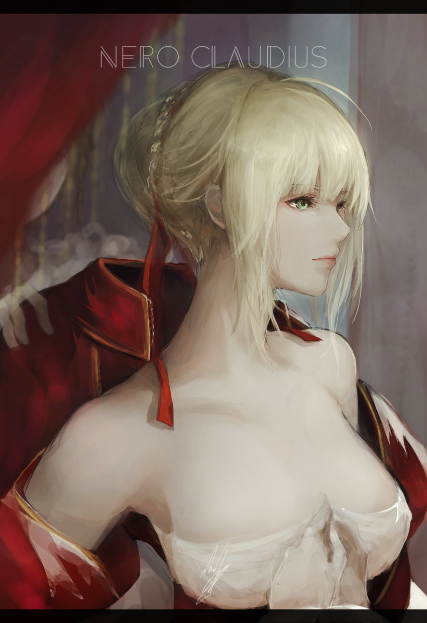 1girl, ahoge, bare_shoulders, blonde_hair, body_offscreen, braid, breasts, character_name