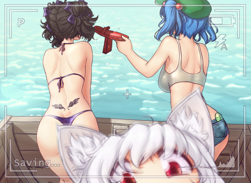 3girls, ass, back, bare_legs, bare_shoulders, bikini, black_hair, blue_hair