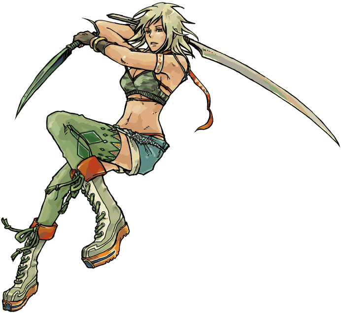 1girl, annie_(saga_frontier), blonde_hair, breasts, cleavage, gloves, green_eyes, maggie_(spaghetti_shoukougun)