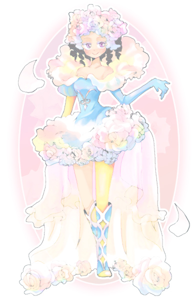 1girl, bad_id, bad_pixiv_id, boots, breasts, brown_hair, curly_hair, dress