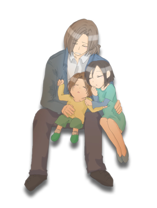 2boys, bad_id, brown_hair, child, closed_eyes, ellone, family, father_and_daughter