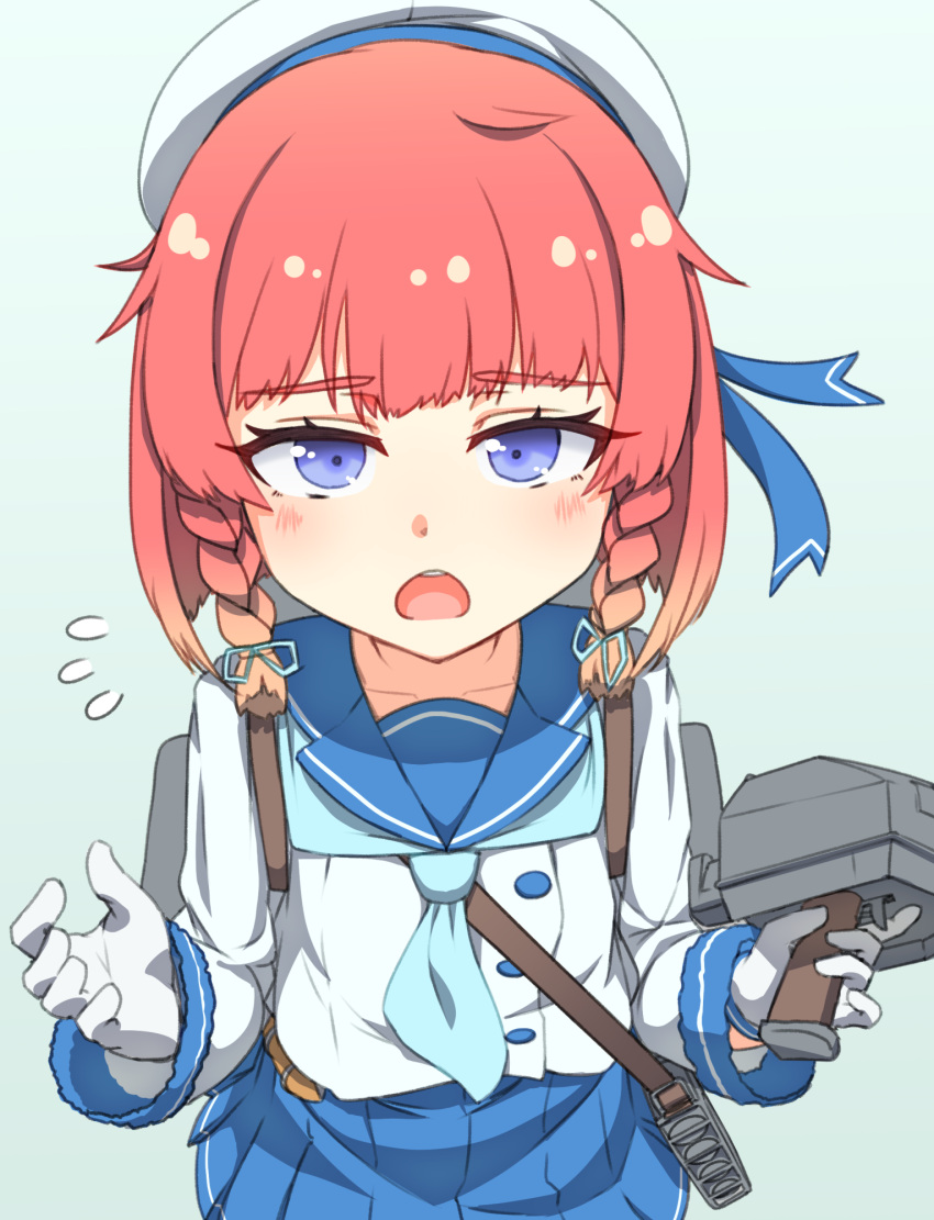 1girl, blue_neckwear, blue_ribbon, blue_skirt, bob_cut, braid, cannon, cowboy_shot