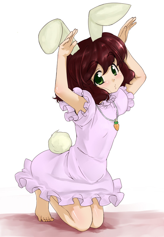 barefoot, brown_hair, bunny_ears, carrot, child, green_eyes, hatakenaka, inaba_tewi