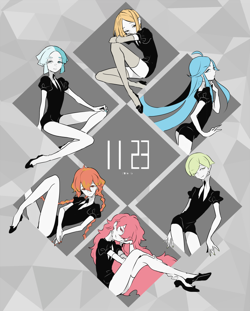 alexandrite_(houseki_no_kuni), androgynous, asymmetrical_legwear, black_footwear, black_neckwear, black_shorts, blonde_hair, blue_eyes