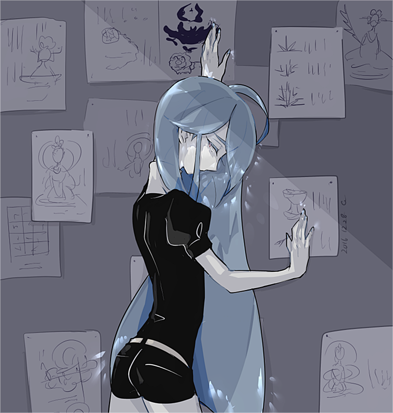 alexandrite_(houseki_no_kuni), androgynous, black_shorts, blue_eyes, blue_hair, cojimama, dated, houseki_no_kuni, long_hair, nail_polish, short_sleeves, shorts, signature, solo, uniform
