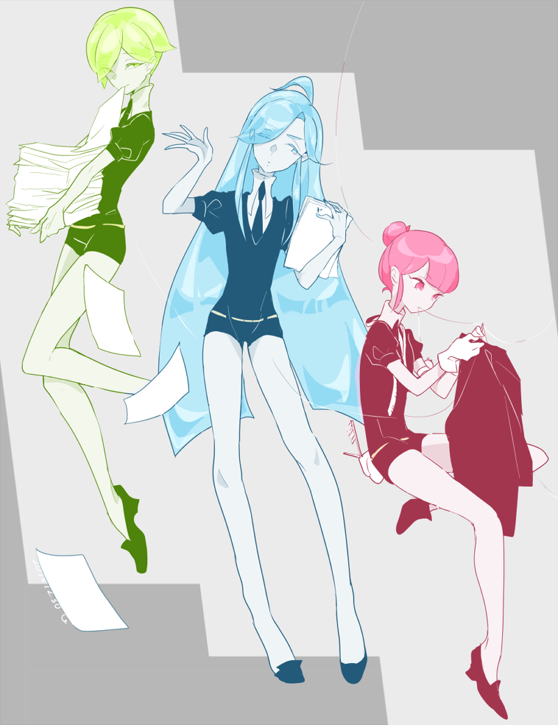 alexandrite_(houseki_no_kuni), androgynous, black_footwear, black_neckwear, black_shorts, blue_eyes, blue_hair, cojimama