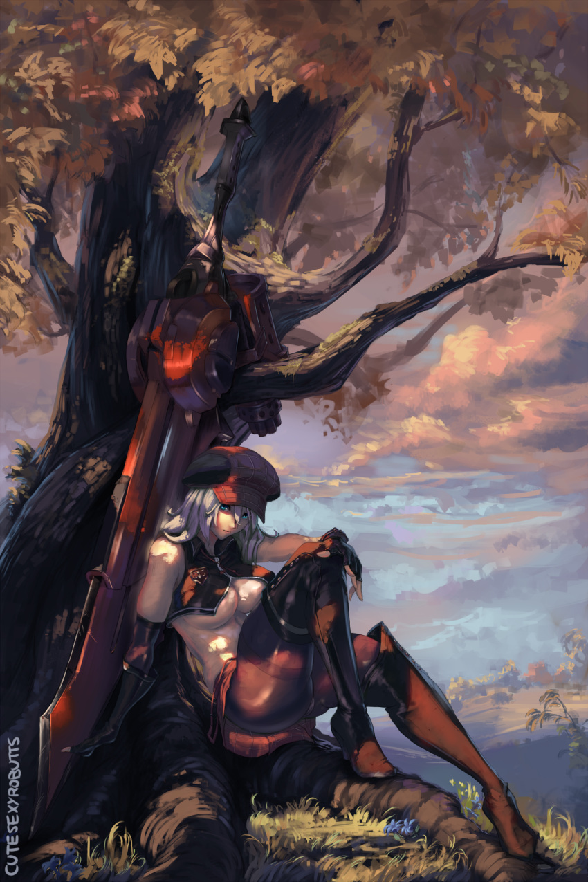 1girl, alisa_ilinichina_amiella, bare_shoulders, blue_eyes, boots, breasts, clouds, cloudy_sky