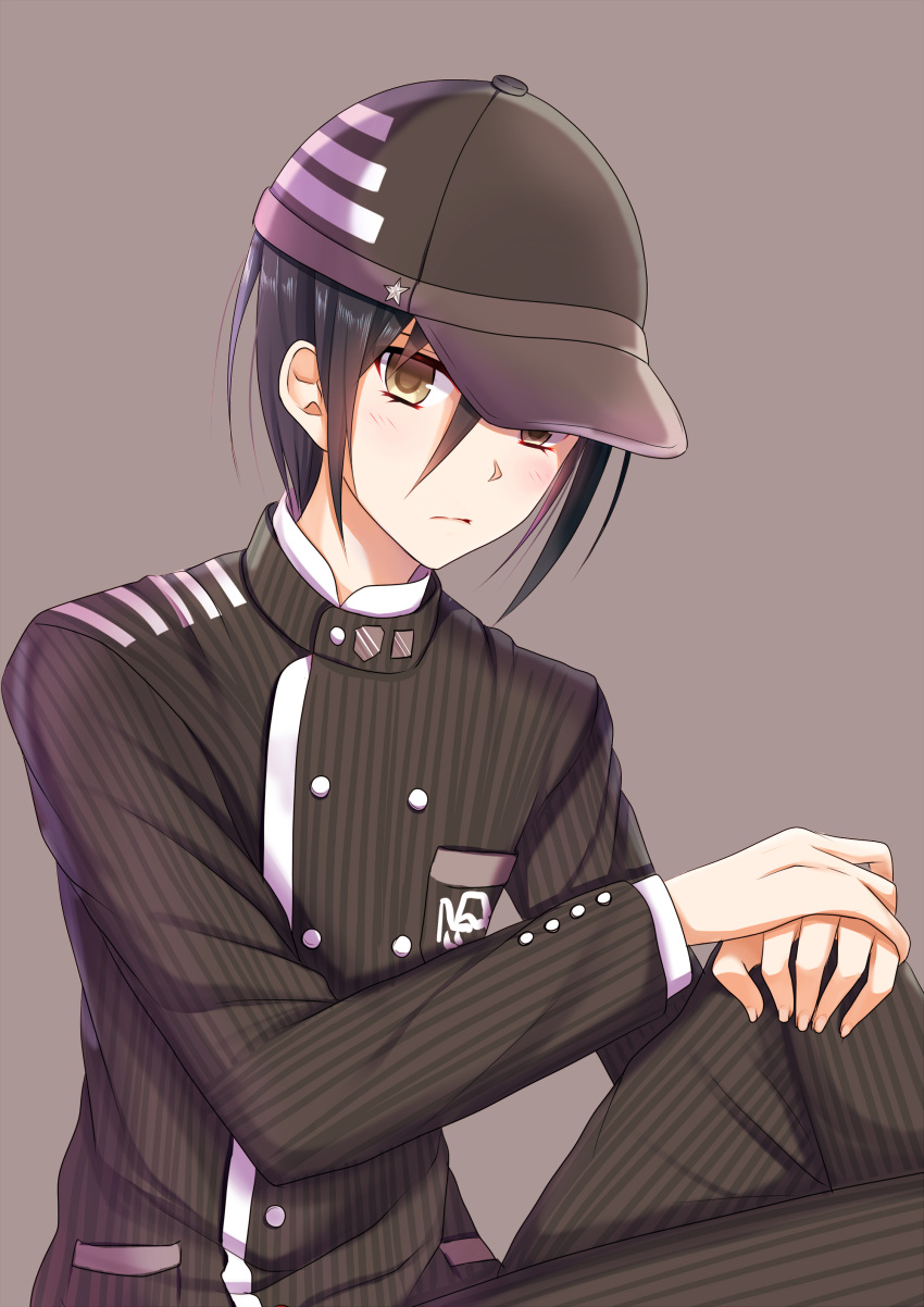 1boy, absurdres, akausagi, baseball_cap, black_hair, black_pants, blush, brown_background