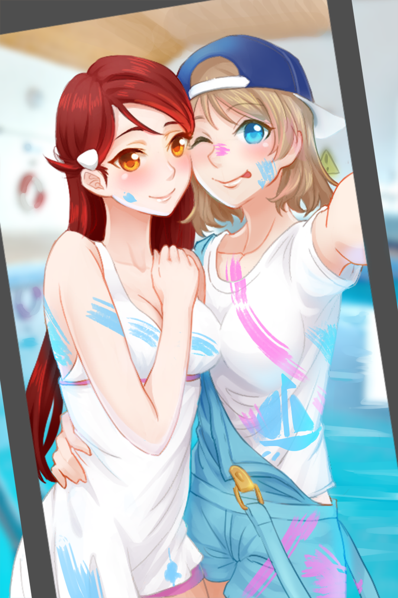 ;p, backwards_hat, baseball_cap, blue_eyes, blush, breasts, brown_hair, cleavage, dress, hair_ornament, hairclip, hat, highres, hug, long_hair, looking_at_viewer, love_live!, love_live!_school_idol_project, love_live!_sunshine!!, medium_breasts, nose_blush, one_eye_closed, overall_shorts, overalls, redhead, rin.hayashiki, sakurauchi_riko, self_shot, short_dress, short_hair, smile, stain, strap_slip, taking_picture, tongue, tongue_out, watanabe_you, white_dress, yellow_eyes, yuri