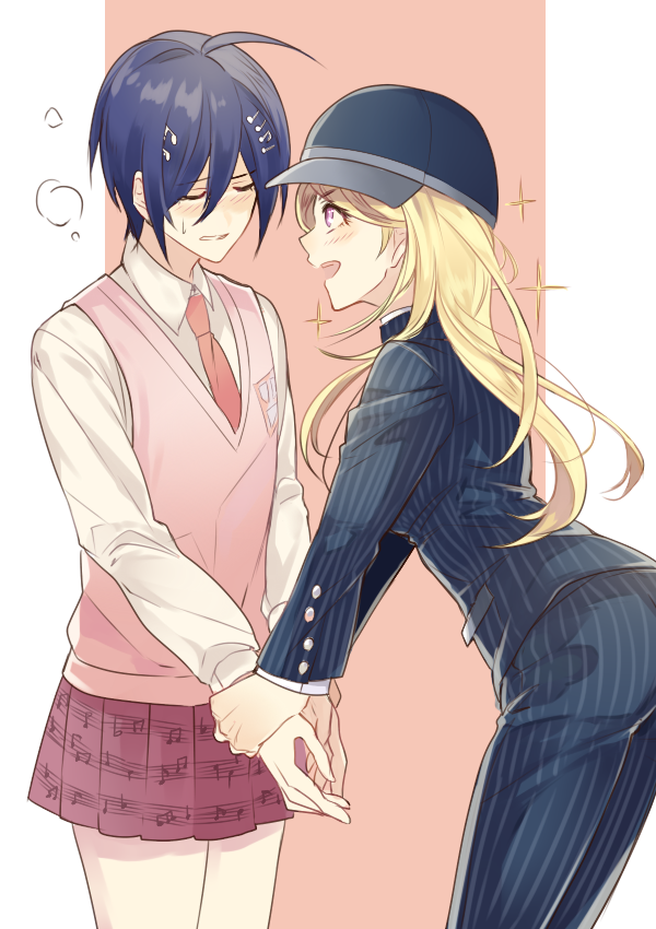 1boy, 1girl, :d, akamatsu_kaede, akamatsu_kaede_(cosplay), baseball_cap, black_hat, black_pants, blonde_hair, blue_hair, blush, closed_eyes, closed_mouth, collared_shirt, cosplay, cowboy_shot, crossdressinging, dangan_ronpa, embarrassed, hair_between_eyes, hanbee_(higawari_k), hand_holding, hat, leaning_forward, long_hair, long_sleeves, miniskirt, musical_note, musical_note_hair_ornament, musical_note_print, necktie, new_dangan_ronpa_v3, open_mouth, pants, parted_lips, pink_background, pleated_skirt, profile, purple_skirt, red_neckwear, saihara_shuuichi, saihara_shuuichi_(cosplay), school_uniform, shirt, sideways_hat, skirt, smile, sparkle, standing, striped, sweat, sweater_vest, two-tone_background, vertical-striped_pants, vertical_stripes, violet_eyes, white_shirt, wing_collar