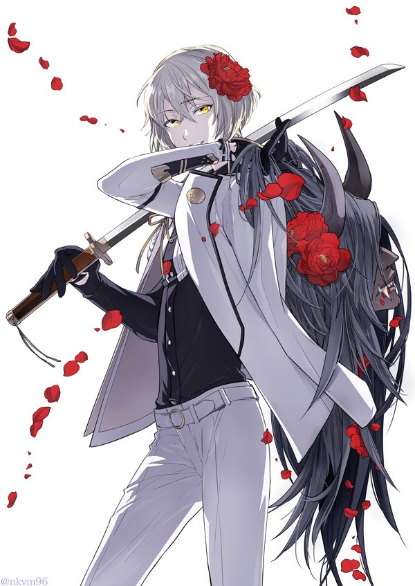 1boy, blonde_hair, decapitated, enemy_ootachi, flower, gloves, hair_flower, hair_ornament