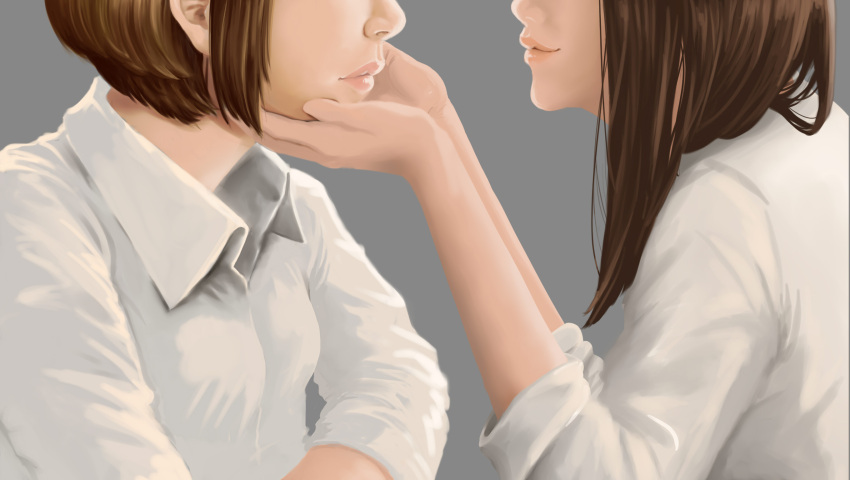 2girls, brown_hair, dress_shirt, face-to-face, grey_background, hands_on_another's_face, head_out_of_frame, highres