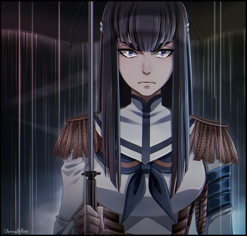 1girl, black_hair, blue_eyes, highres, junketsu, kill_la_kill, kiryuuin_satsuki, long_hair, looking_at_viewer, rain, solo, thick_eyebrows, umbrella, vermeillerose