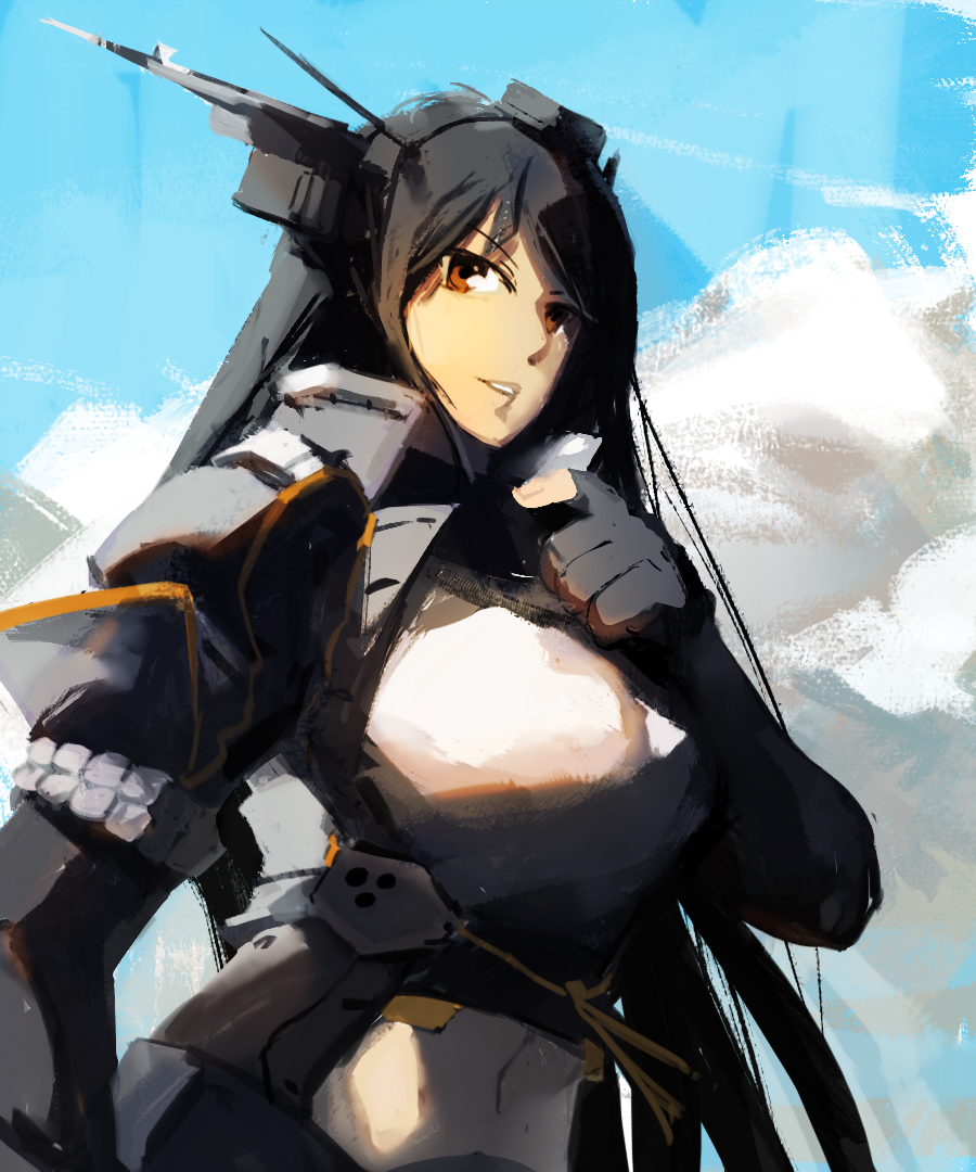 1girl, black_gloves, black_hair, blue_sky, clouds, coat, dot_triangle, elbow_gloves