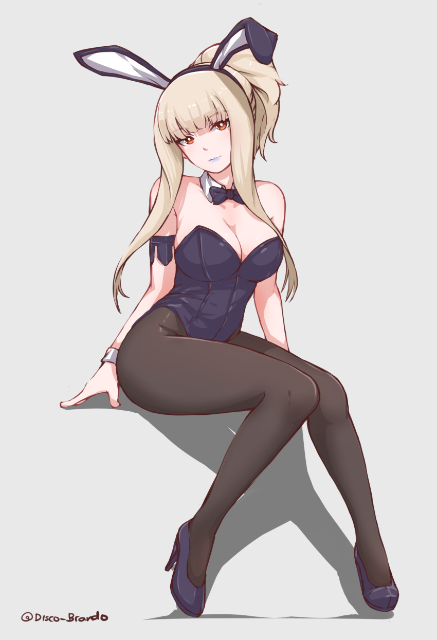 1girl, animal_ears, aoki_hagane_no_arpeggio, black_legwear, bunnysuit, closed_mouth, disco_brando, eyebrows_visible_through_hair