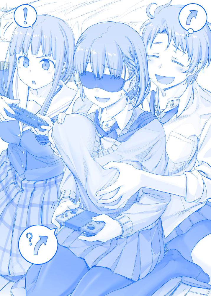 !, 3girls, ai-chan's_sister_(tawawa), ai-chan_(tawawa), blindfold, blue, blush, braid, breast_grab, breasts, controller, game_controller, getsuyoubi_no_tawawa, grabbing, himura_kiseki, large_breasts, long_hair, monochrome, multiple_girls, necktie, nintendo, nintendo_switch, open_mouth, pantyhose, plaid, plaid_skirt, pleated_skirt, school_uniform, skirt, sweat, sweater, volley-bu-chan_(tawawa), yuri