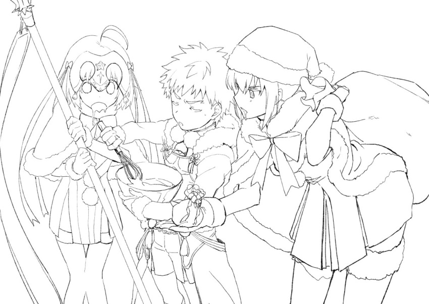 1boy, 2girls, ahoge, archer, artoria_pendragon_(all), bell, bent_over, cape