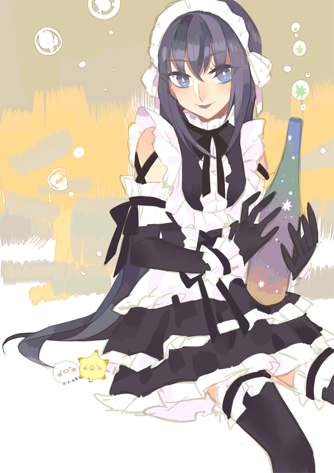 1boy, black_dress, black_gloves, black_hair, black_legwear, black_lipstick, black_ribbon, blue_eyes, blush, blush_stickers, bottle, crossdressinging, dress, elbow_gloves, frills, gloves, gothic_lolita, holding, holding_bottle, kazuya_(743167), lipstick, lolita_fashion, long_hair, looking_at_viewer, makeup, moyashimon, open_mouth, ribbon, sitting, smile, thigh-highs, trap, yuuki_kei