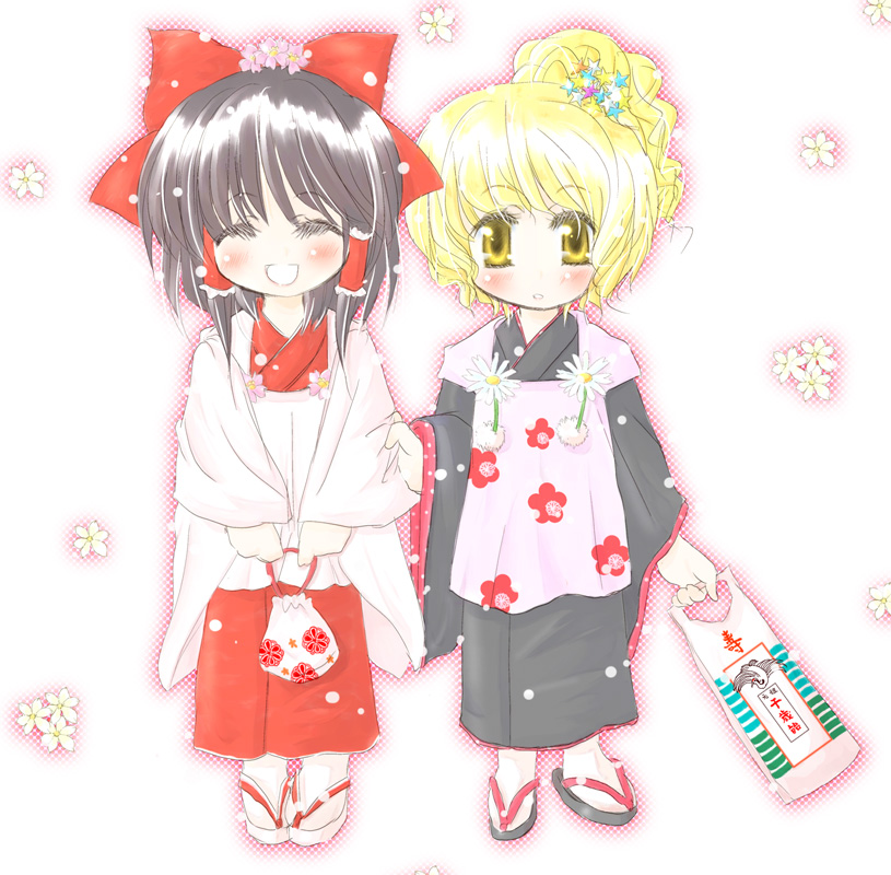 black_hair, blonde_hair, bow, chitose_ame, flower, hair_bow, hakurei_reimu, hifu