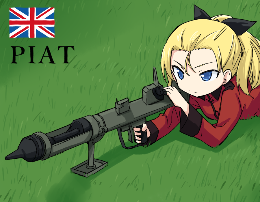 1girl, assam, black_ribbon, blonde_hair, blue_eyes, closed_mouth, epaulettes, girls_und_panzer, grass, hair_pulled_back, hair_ribbon, holding, holding_weapon, jacket, kakizaki_(chou_neji), long_hair, long_sleeves, looking_to_the_side, lying, military, military_uniform, on_stomach, outdoors, piat, red_jacket, ribbon, solo, st._gloriana's_military_uniform, uniform, union_jack, weapon