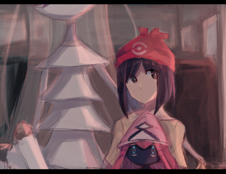 1girl, antennae, aoki_shizumi, beanie, black_hair, black_skin, blue_eyes, brown_eyes