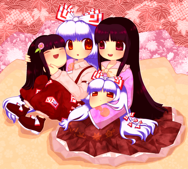 bow, flower, fujiwara_no_mokou, hair_bow, houraisan_kaguya, long_hair, long_skirt, red_eyes