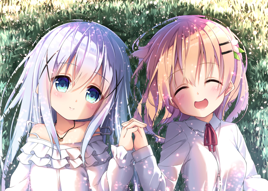2girls, :d, ^_^, bangs, bare_shoulders, blue_eyes, blue_hair, blush