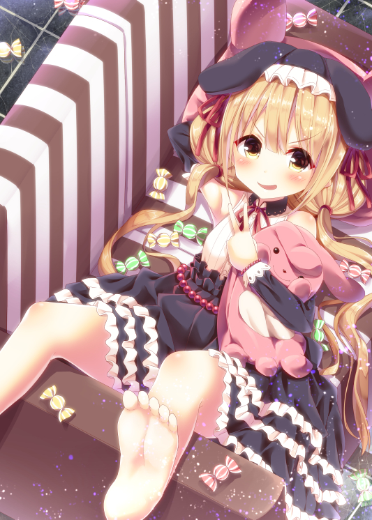 1girl, animal_ears, animal_hat, bangs, bare_shoulders, barefoot, bead_bracelet, beads, black_hat, black_skirt, blonde_hair, blush, bracelet, bunny_hat, bunny_pillow, candy_wrapper, commentary_request, couch, detached_sleeves, dosu_(yodosu), eyebrows_visible_through_hair, frilled_hat, frilled_skirt, frills, from_above, futaba_anzu, hair_between_eyes, hair_ribbon, hair_tie, hand_behind_head, hat, idolmaster, idolmaster_cinderella_girls, jewelry, layered_skirt, long_hair, looking_at_viewer, low_twintails, lying, neck_ribbon, object_hug, on_back, on_couch, parted_lips, rabbit_ears, red_ribbon, ribbon, shirt, skirt, sleeveless, sleeveless_shirt, smirk, soles, solo, striped, stuffed_animal, stuffed_bunny, stuffed_toy, twintails, v, v-shaped_eyebrows, vertical_stripes, very_long_hair, white_shirt, yellow_eyes