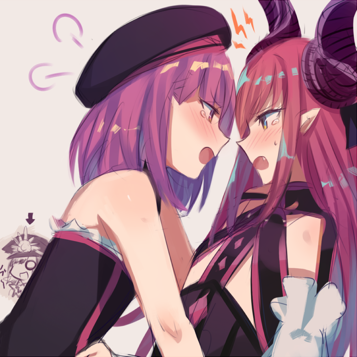 3girls, aoki_shizumi, bare_shoulders, black_hat, blue_eyes, blush, curled_horns, demon_archer