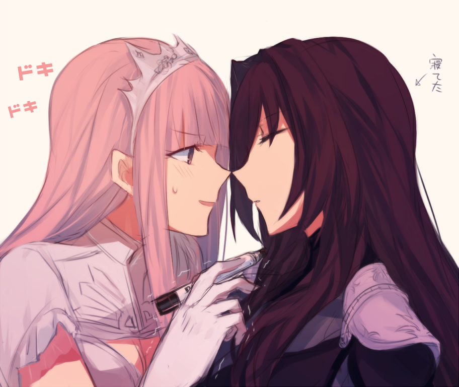 2girls, aoki_shizumi, blush, breasts, cleavage, closed_eyes, face-to-face, fate/grand_order, fate_(series), from_side, gloves, long_hair, marker, medb_(fate/grand_order), multiple_girls, open_mouth, pink_hair, profile, purple_hair, scathach_(fate/grand_order), short_sleeves, sidelocks, sleeping, tiara, translated, trembling, white_gloves, yellow_eyes, yuri