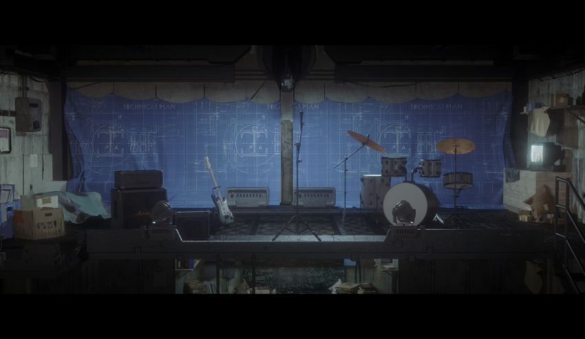 amplifier, blueprint, box, cardboard_box, chalkboard, desk, drum, drum_set