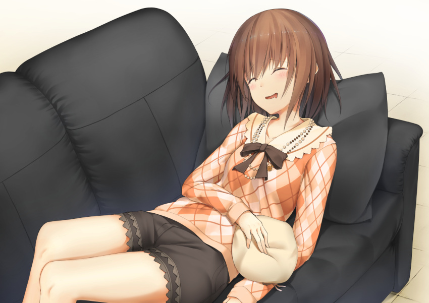 1girl, :d, ^_^, ^o^, brown_hair, closed_eyes, commentary_request, couch, drooling, hat, hat_removed, headwear_removed, hiraba_6018, idolmaster, idolmaster_cinderella_girls, kita_hinako, lying, open_mouth, pillow, plaid, plaid_shirt, shirt, short_hair, shorts, sleeping, smile, solo