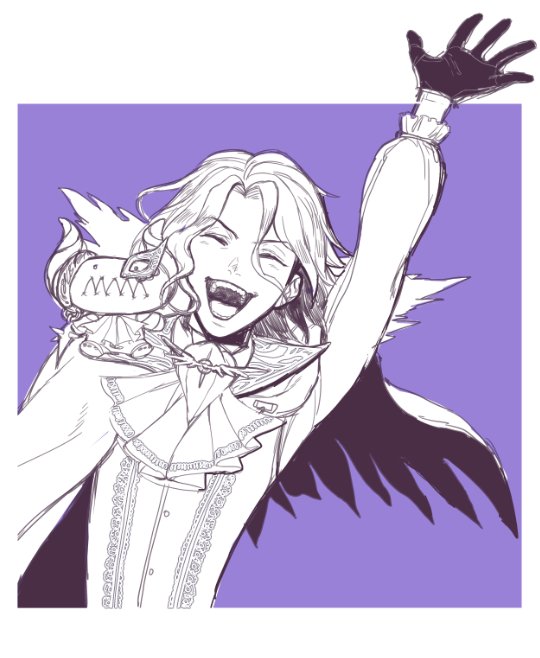 1boy, :d, alternate_costume, asselin_bb_ii, bubble_pop_sdk, cape, closed_eyes, gloves, idolmaster, idolmaster_side-m, idolmaster_side-m_live_on_stage, male_focus, monochrome, open_mouth, purple_background, satan_(idolmaster), simple_background, smile, solo, stuffed_toy, teeth, upper_body, vampire, waving, wavy_hair