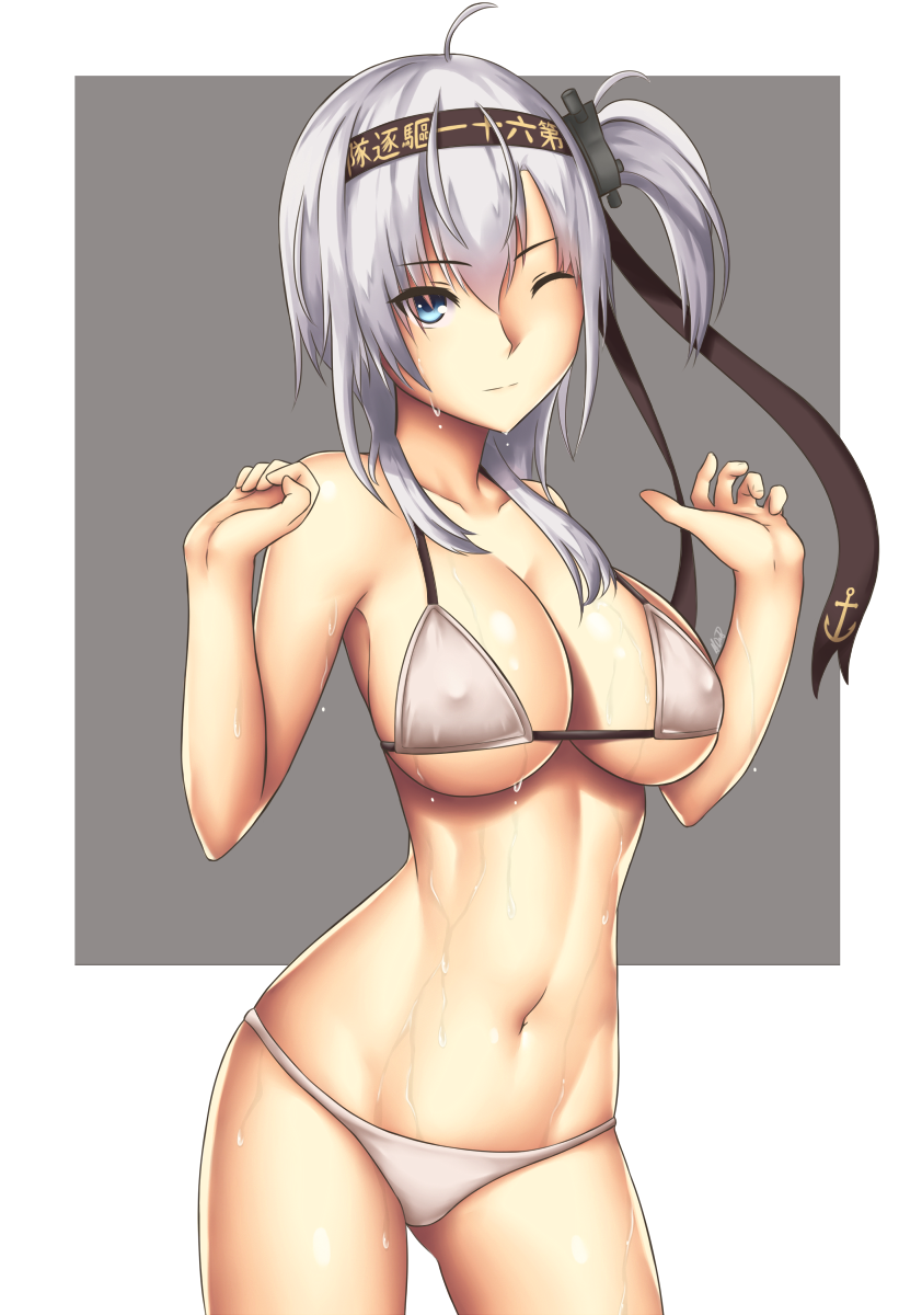 1girl, ahoge, anchor_print, arciealbano, bangs, bikini, blue_eyes, breasts