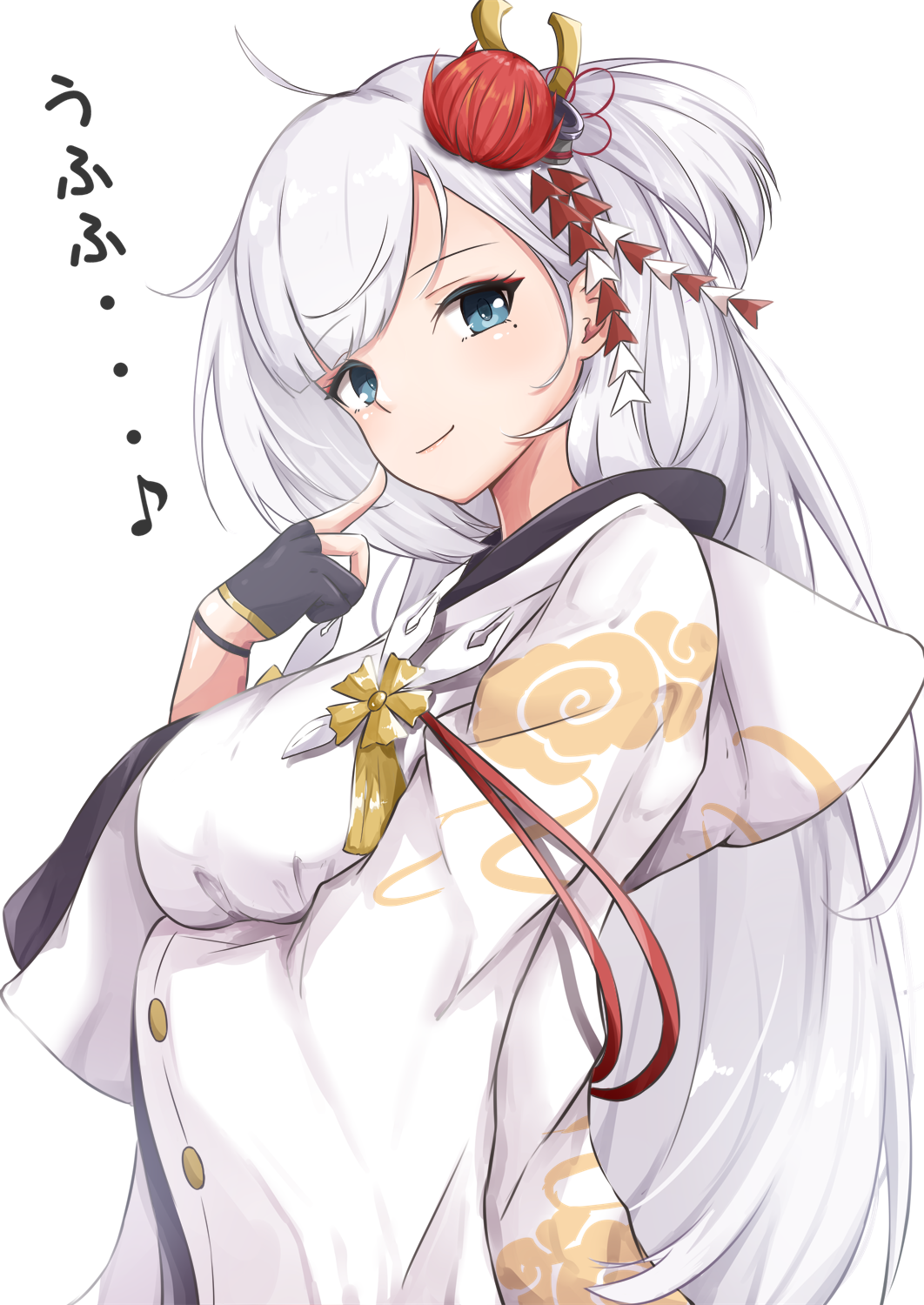 1girl, ahoge, azur_lane, black_gloves, blue_eyes, commentary_request, crossed_arms, eyeliner