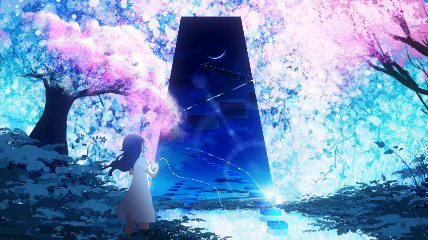 1girl, black_hair, cherry_blossoms, day, dress, facing_away, from_behind, grass, highres, long_hair, monolith_(object), original, outdoors, plant, scenery, short_sleeves, solo, standing, tree, white_dress, y_y_(ysk_ygc)