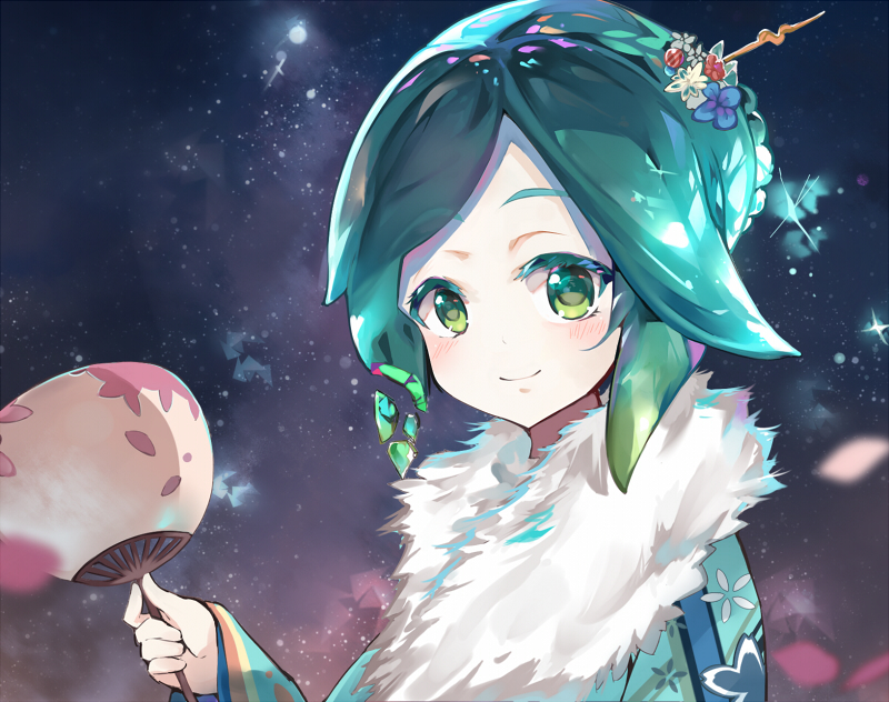androgynous, aqua_hair, blue_kimono, blush, closed_mouth, fan, fur_collar, green_eyes