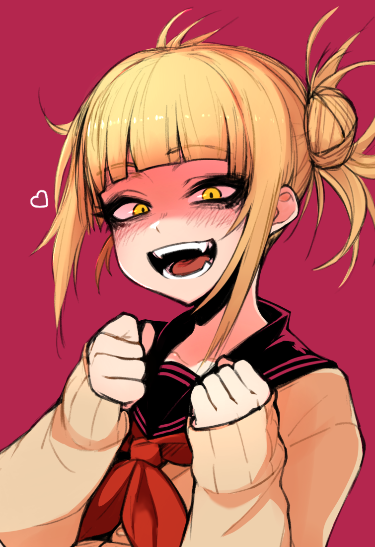 1girl, bangs, blonde_hair, blunt_bangs, blush, boku_no_hero_academia, cardigan, clenched_hands, double_bun, eyebrows_visible_through_hair, fangs, hands_up, happy, heart, j.k., long_sleeves, looking_at_viewer, maroon_background, open_mouth, red_ribbon, ribbon, school_uniform, serafuku, shiny, shiny_hair, short_hair, simple_background, smile, solo, teeth, toga_himiko, yellow_eyes
