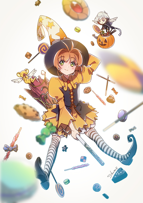 1boy, 1girl, antenna_hair, anxia, blush, candy, card_captor_sakura, food
