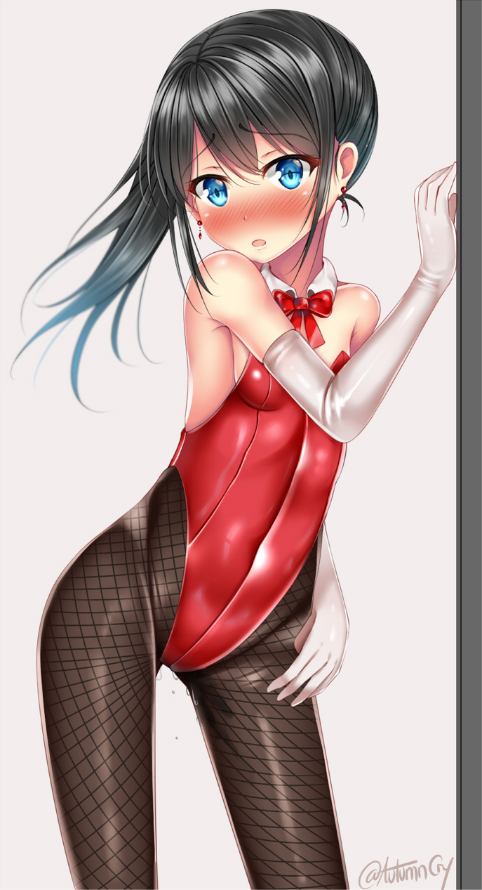 1girl, alternate_costume, asashio_(kantai_collection), black_hair, black_legwear, blue_eyes, blush, detached_collar