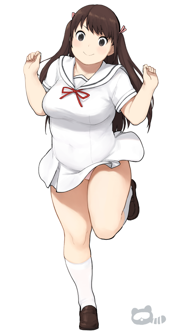 1girl, accho_(macchonburike), belly, blush, breasts, brown_eyes, brown_footwear, brown_hair