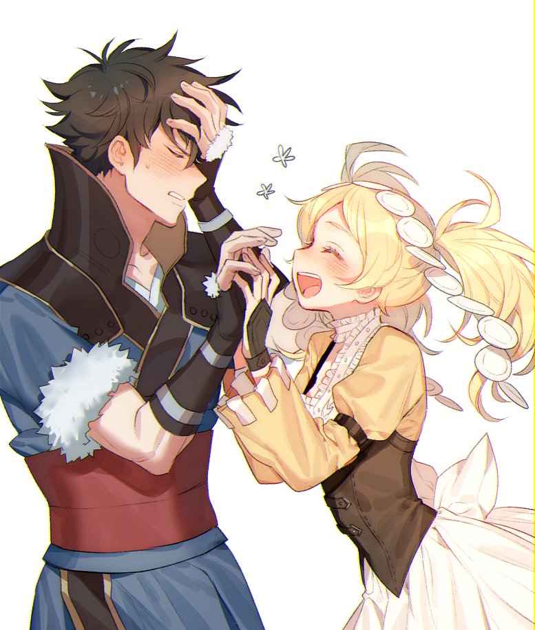 1boy, 1girl, armor, black_hair, blonde_hair, blush, brown_hair, closed_eyes