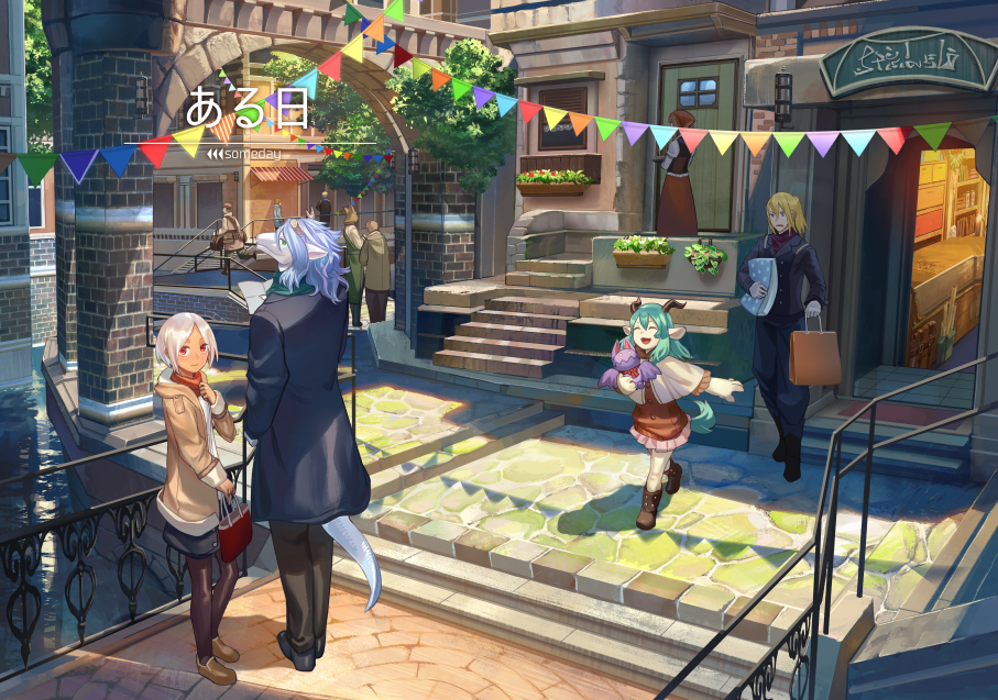 3girls, animal_ears, aqua_hair, black_hair, blonde_hair, broken_horn, capelet, city