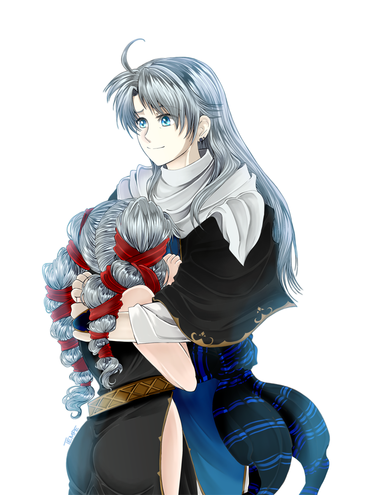 1boy, 1girl, arthur_(fire_emblem), blue_eyes, braid, brother_and_sister, doodle, dress