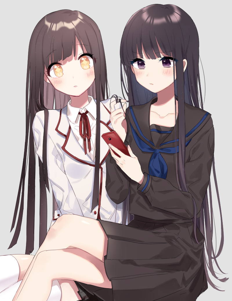 2girls, bangs, bare_legs, black_blouse, black_serafuku, black_skirt, blazer, blouse